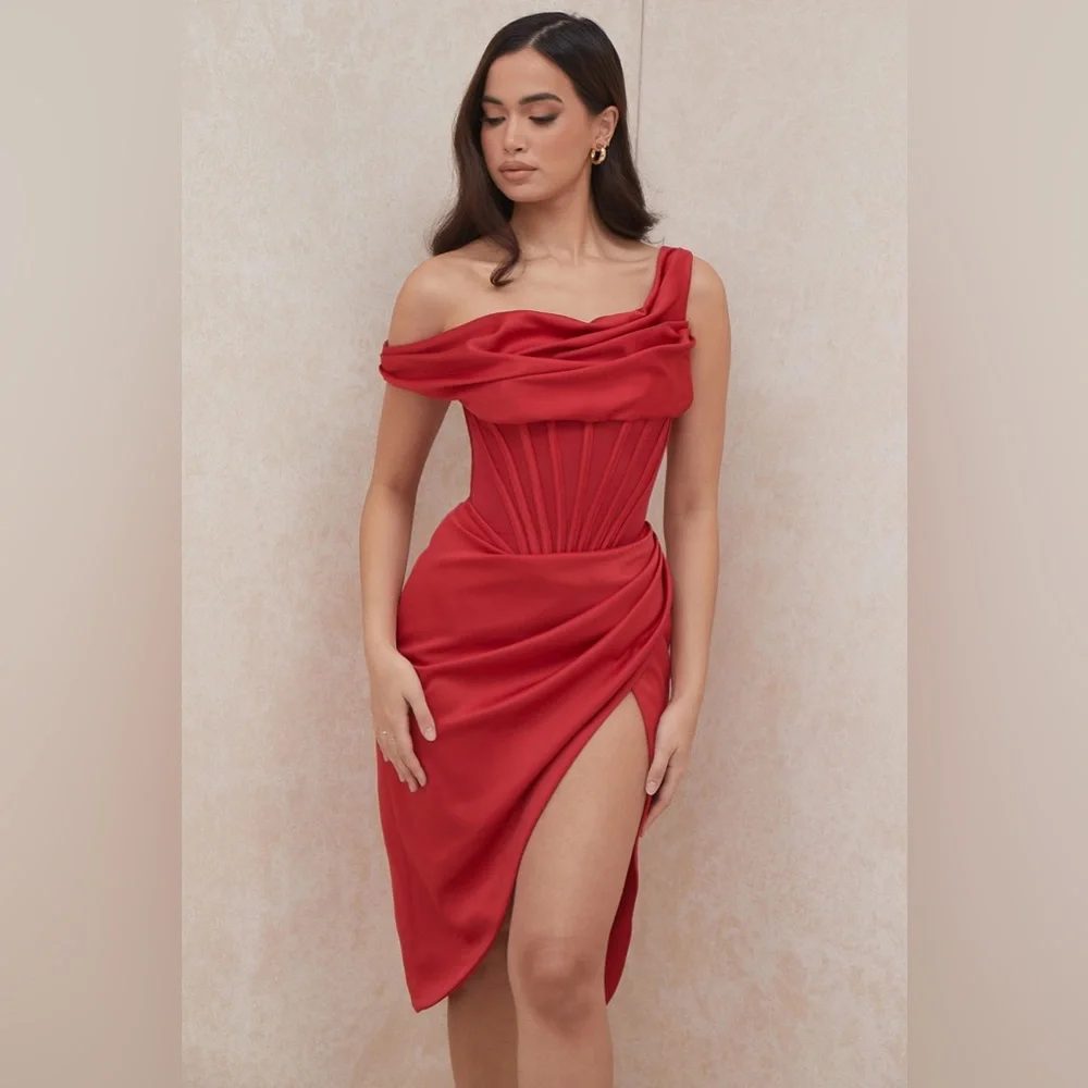 House of CB Lulu red dress- Red asymmetric draped corset midi satin dress - Picture 8 of 14